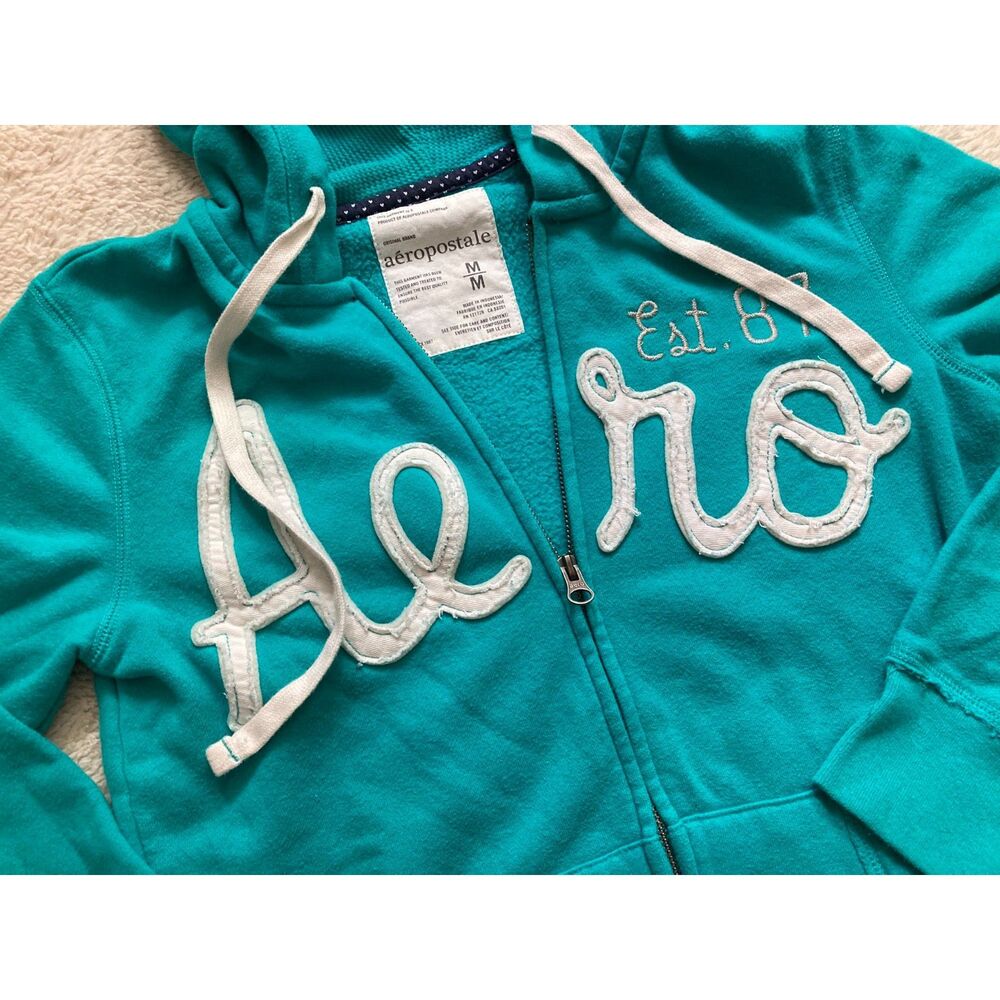 Y2K Vintage Aéropostale Teal Applique Zip Up Hoodie Sweatshirt Medium Aero